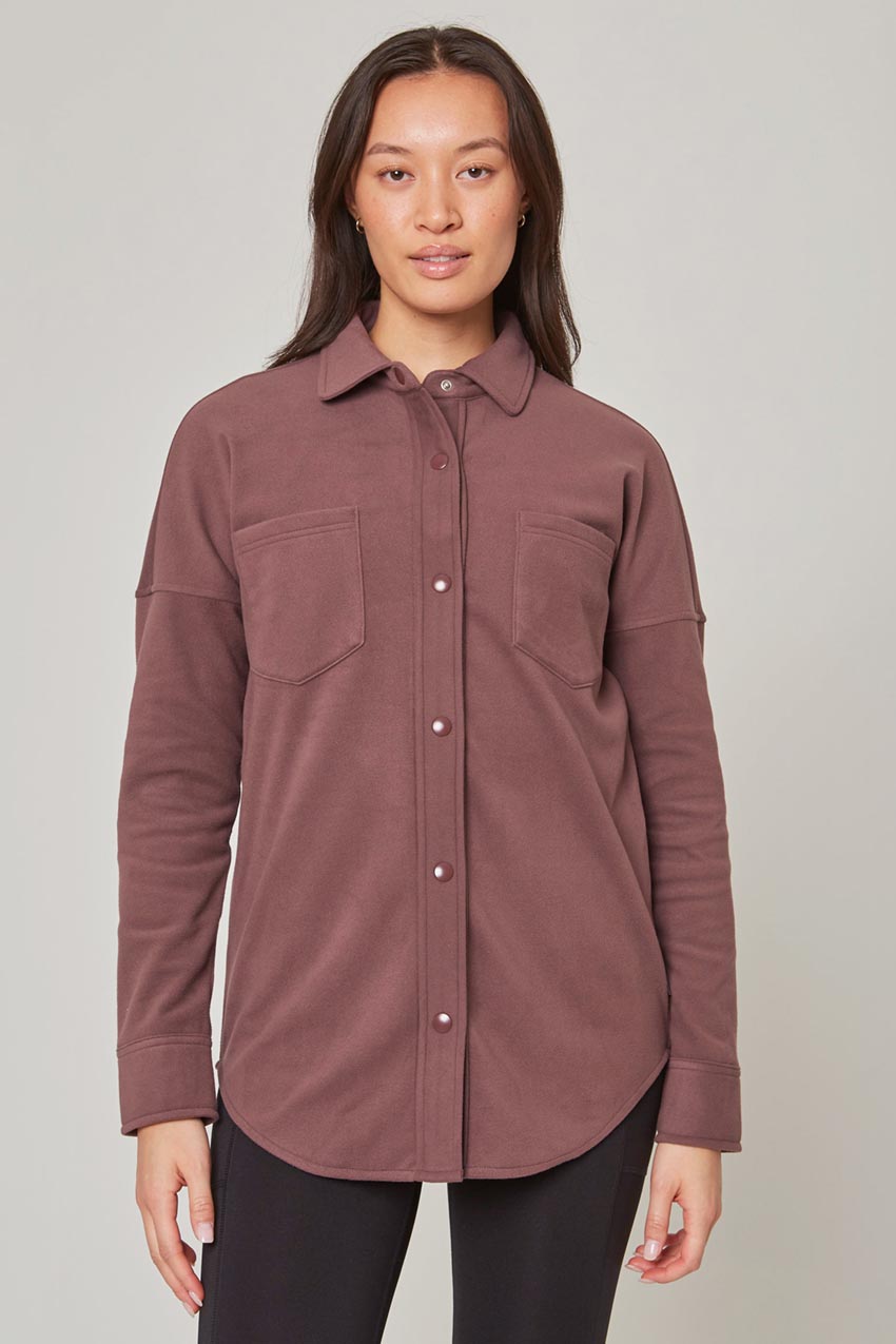 Mondetta Women's Knit Oversized Button-Up Shirt in Berry