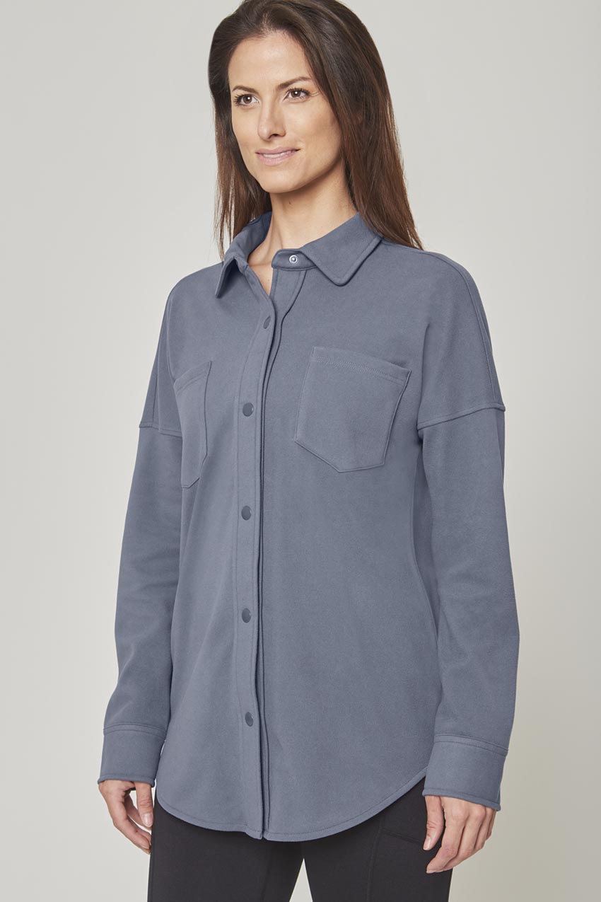 Mondetta Women's Knit Oversized Button-Up Shirt in Grisaille Blue