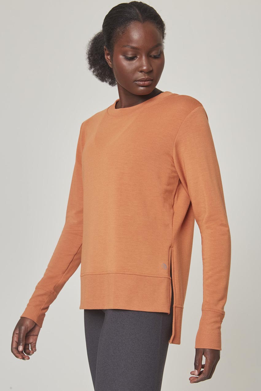 MPG Sport Serene Recycled Polyester TENCEL™ Modal Relaxed Side Slit Pullover - Sale  in Honey Bee