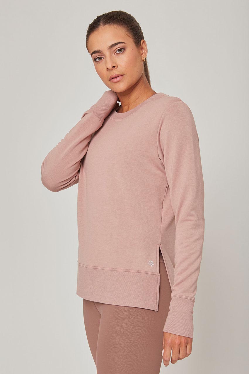 MPG Sport Serene Recycled Polyester TENCEL™ Modal Relaxed Side Slit Pullover - Sale  in Fawn