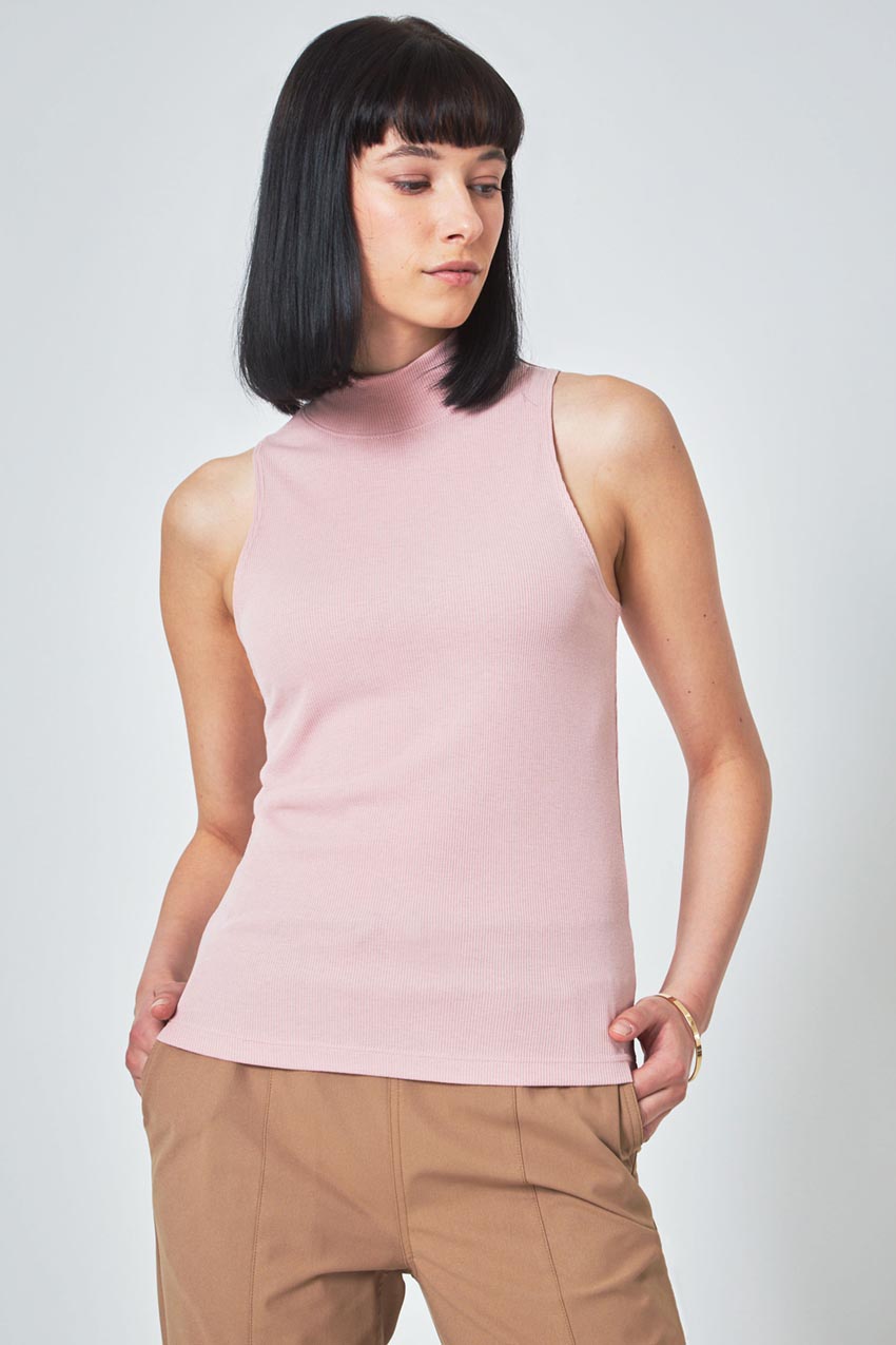 Modern Ambition Collaborate Fitted Mock Neck Rib Sleeveless Top in Pale Mauve