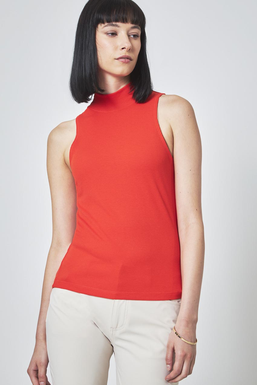 Modern Ambition Collaborate Fitted Mock Neck Rib Sleeveless Top in Cherry Tomato