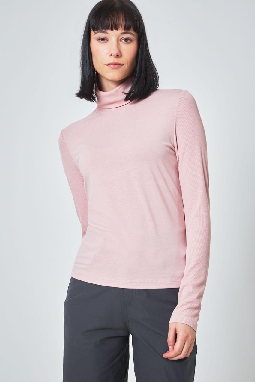 Modern Ambition Expression Long Sleeve Turtle Neck Mixed Media Top in Pale Mauve