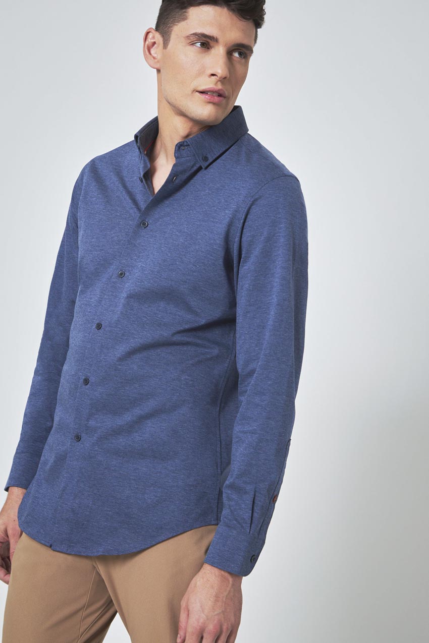 Modern Ambition Interview FlexPique Knit Standard-Fit Shirt in Heathered Blue