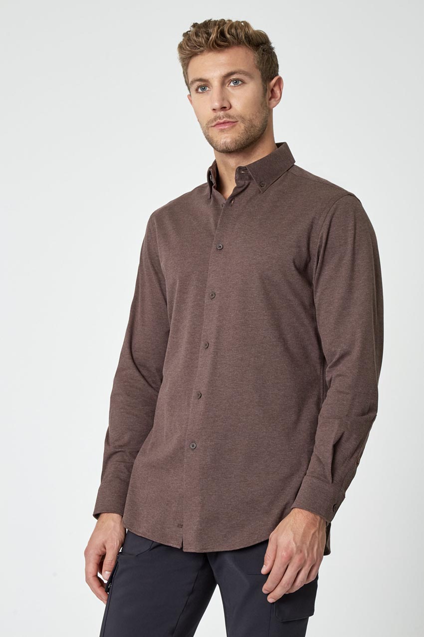 Modern Ambition Interview FlexPique Knit Standard-Fit Shirt in Htr Dark Brown
